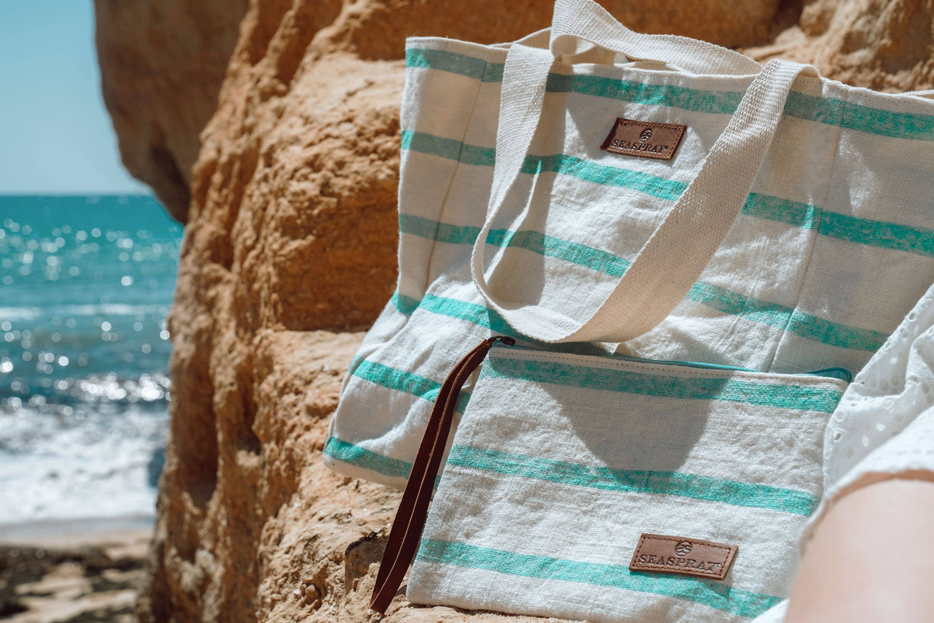 Aqua Green Stripe Beach Bag & Purse Set