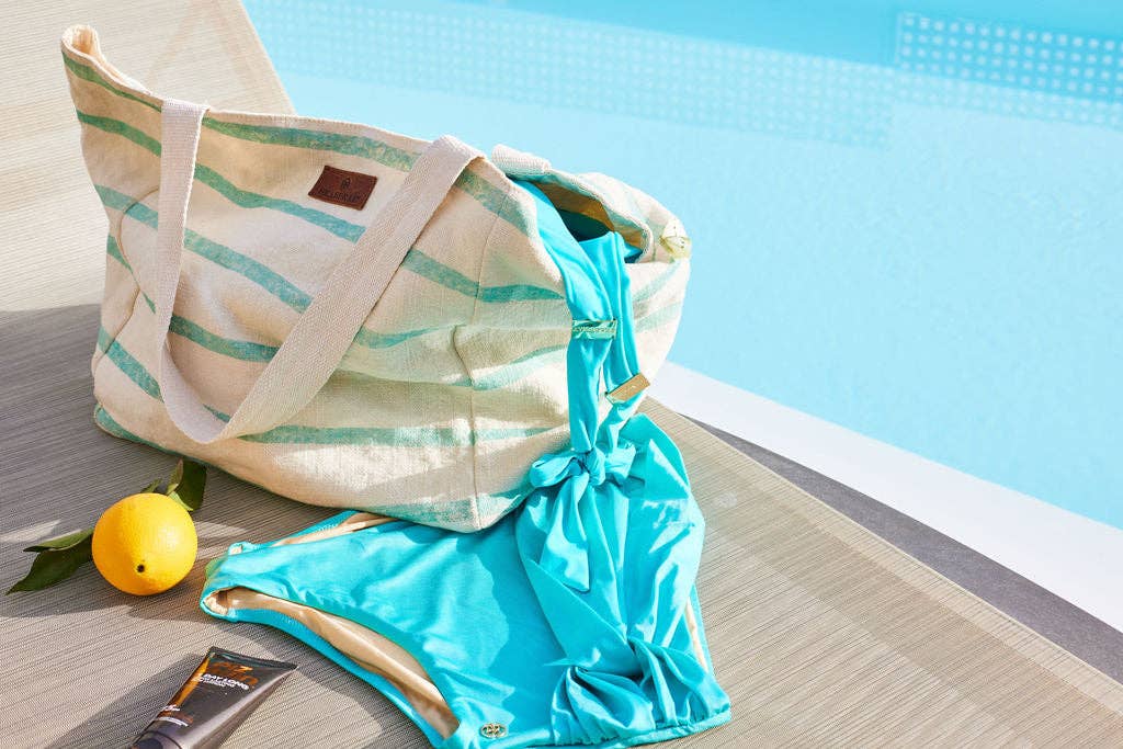 Aqua Green Stripe Beach Bag & Purse Set